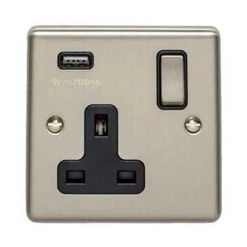 Revive Lighting Revive 1 Gang Switched Socket With USB - Satin Steel