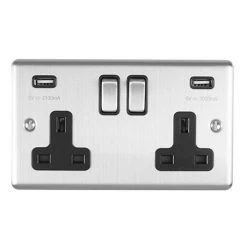 Revive Lighting Revive Twin Plug Socket With USB Satin Steel/Black