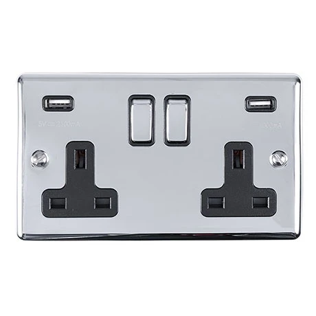 Revive Lighting Revive Twin Plug Socket With USB Polished Chrome/Black 1 Revive Lighting Revive Twin Plug Socket With USB Polished Chrome/Black