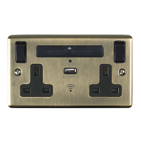 Revive Lighting Revive Twin Plug Socket With USB & WiFi Extender Antique Brass 1 Revive Lighting Revive Twin Plug Socket With USB & WiFi Extender Antique Brass