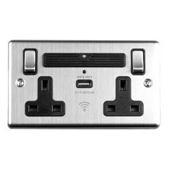 Revive Lighting Revive Twin Plug Socket With USB & WiFi Extender Satin Steel/Black