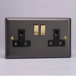 Revive Lighting Revive 2 Gang Switched Socket - Slate/Brass